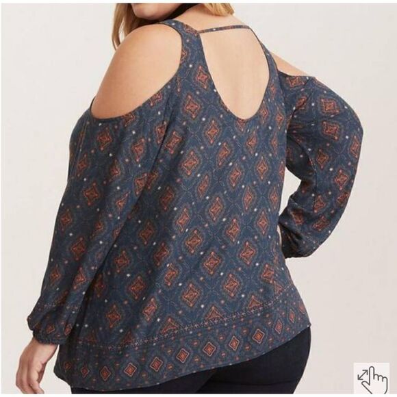 Torrid Geo Print Gauze Cold Shoulder Blouse Size 3 - Picture 3 of 7